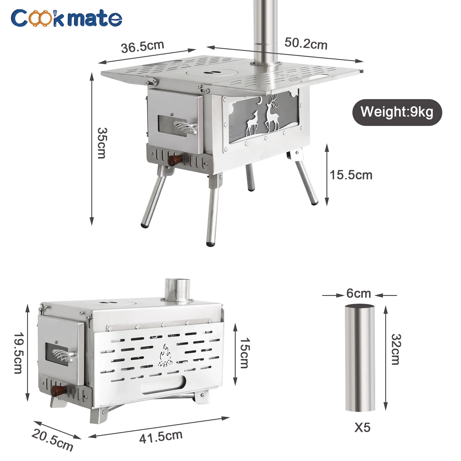 Portable Stainless Steel Tent Stove for Outdoor Camp Cooking Folding Wood Burning BBQ Grill with Chimney Gloves Made in China
