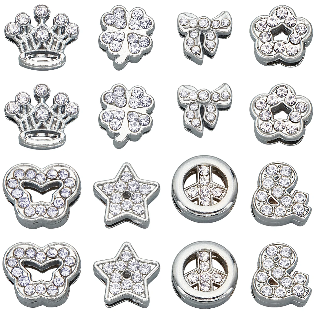 1 Box 48Pcs 8 Styles Alloy Slide Charms Rhinestone Slider Charm Bulk Assorted Metal Silver Four Leaf Clover Star Glitter Art