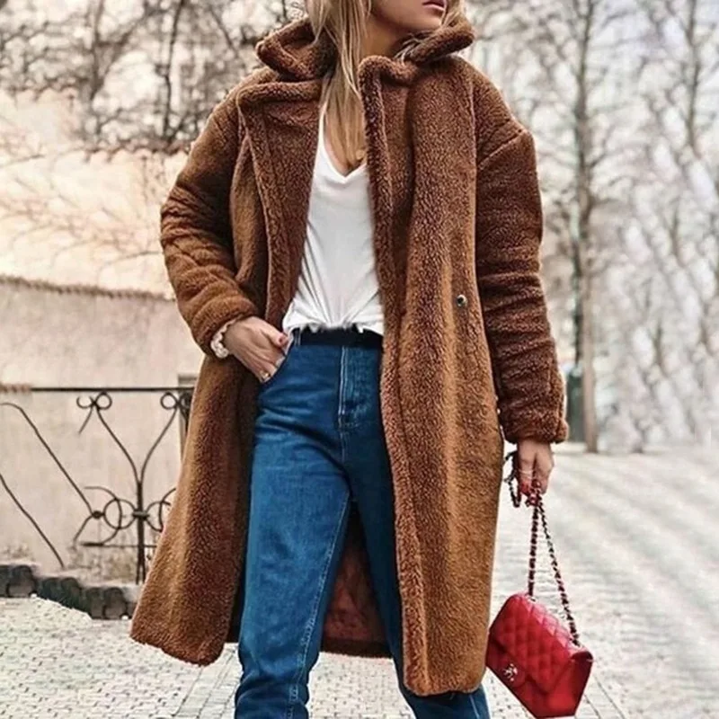 

Long Coat Wool Jacket Winter Warm Fur Coat Cardigan Office Lady Sexy Women Wool Blend Top Coat Oversize 2022