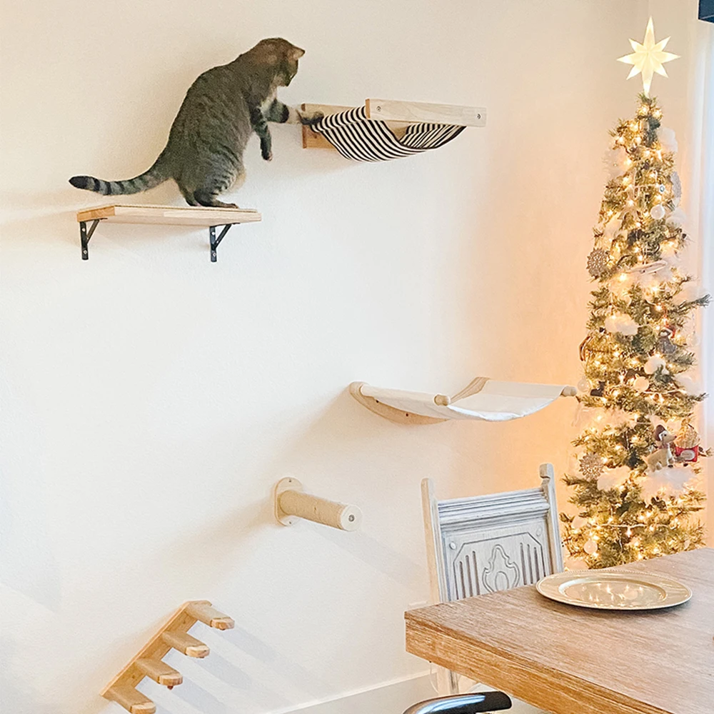 Wall Mounted Cat  Climbing Shelves Wood Cat Hammock Cat Lookout Kitten Wall Climbing Tree Furniture Four Step Stair Indoor