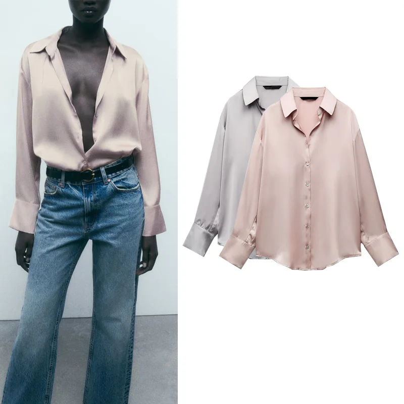 Spring New Loose Long Sve Single Button Silk Satin Drape irt Women's Commute Sle  Collar Polyester Fiber 874236