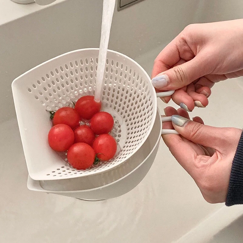 Double Layer Vegetable Drain Basket Kitchen Gadgets Green Blue Pink Rice Washing Bowl With Handle Sink Rotatable Drainer