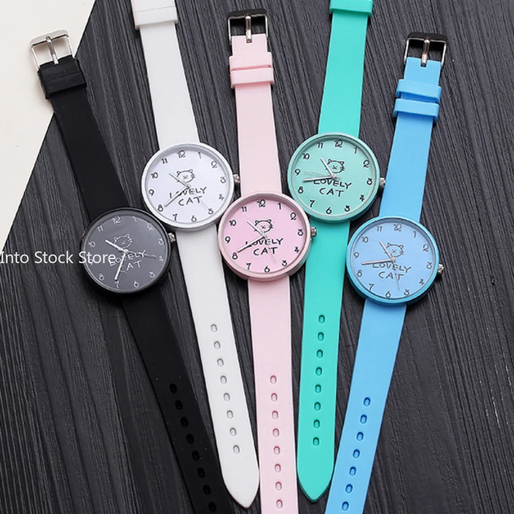 Montre à quartz de dessin animé pour enfants, bracelet en silicone, cadran en alliage, horloge multicolore pour filles, montre-bracelet chat pour dames