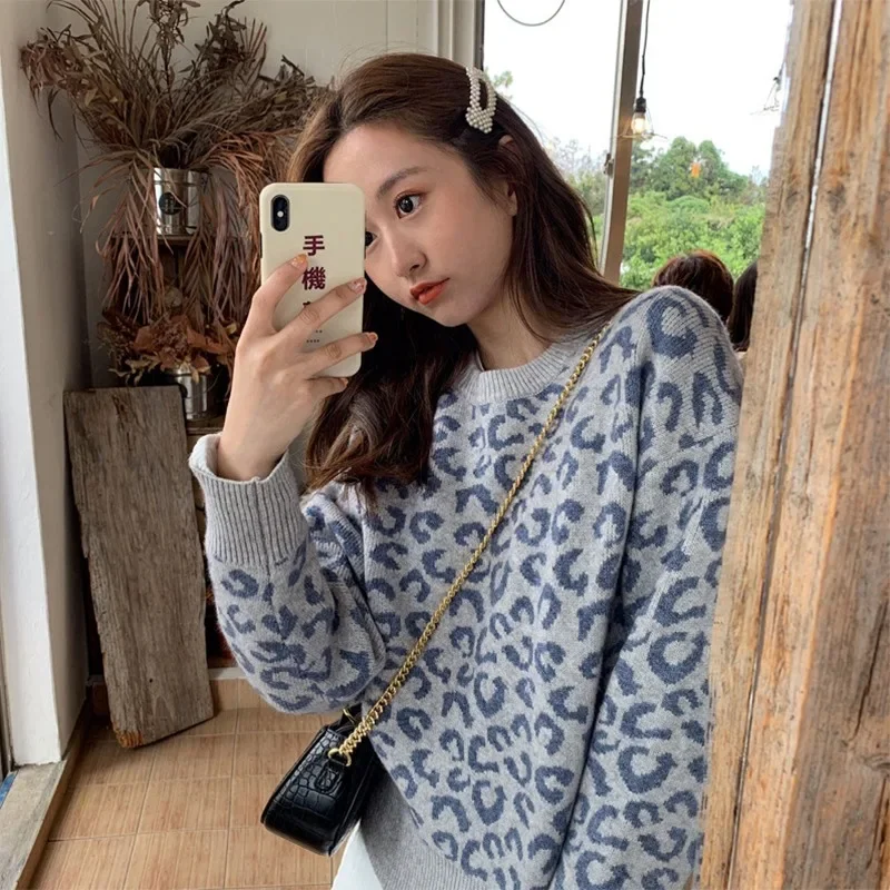 Pullovers Women New Autumn Korean Style Outer Tops Loose Gentle Style Long Sleeve O-neck Leopard Print Sweaters Cozy Fashion