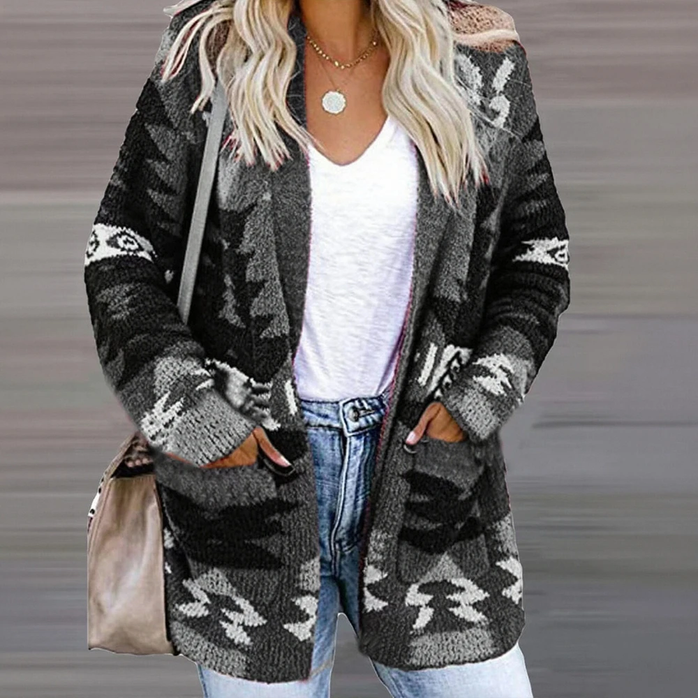 

Women's Chic Printed Long-Sleeved Sweater Turn-Down Collar Maxi Casual Autumn Winter Elegant Edgy Fashion Top for