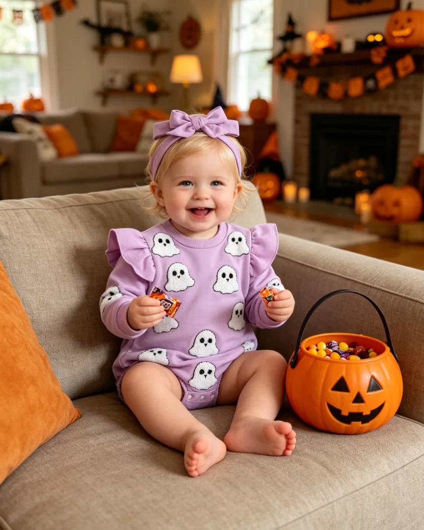 0-24M Baby Halloween Bodysuit Girl Ruffle Long Sleeve Onesie Fluffy Pumpkin Ghost Applique Infant Fall Outfit Apricot Purple