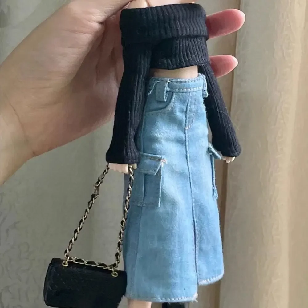 

Милая джинсовая юбка с разрезом и галстуком-бабочкой, топы для кукол ob24, джинсовая юбка, вязаные свитера, модная одежда для blythe, аксессуары для кукол