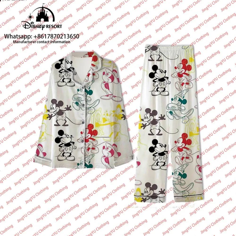 

Stitch's new streetwear Mickey and Minnie printed casual autumn two-piece long-sleeved shirt and trousers women's pajama set