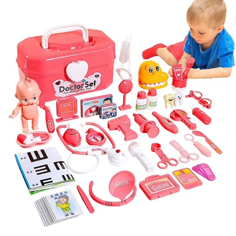 Conjunto Médico Infantil, Conjunto de Medicina, Interpretação de Papéis, Brinquedos Pretendentes, Brinquedo de Vestir com Estetoscópio e Caixa de Armazenamento, 52 unid