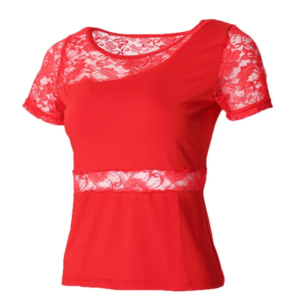 Ventilated Hollow Lace Latin Dance Dress Floral Short Sleeve Ballroom Dance Skirt for Women Performance