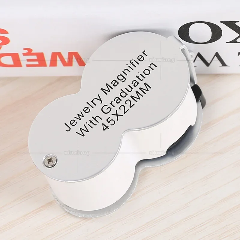 Lupa portátil de medición de plata con luz LED, Lupa de bolsillo, Mini joyero, 45X