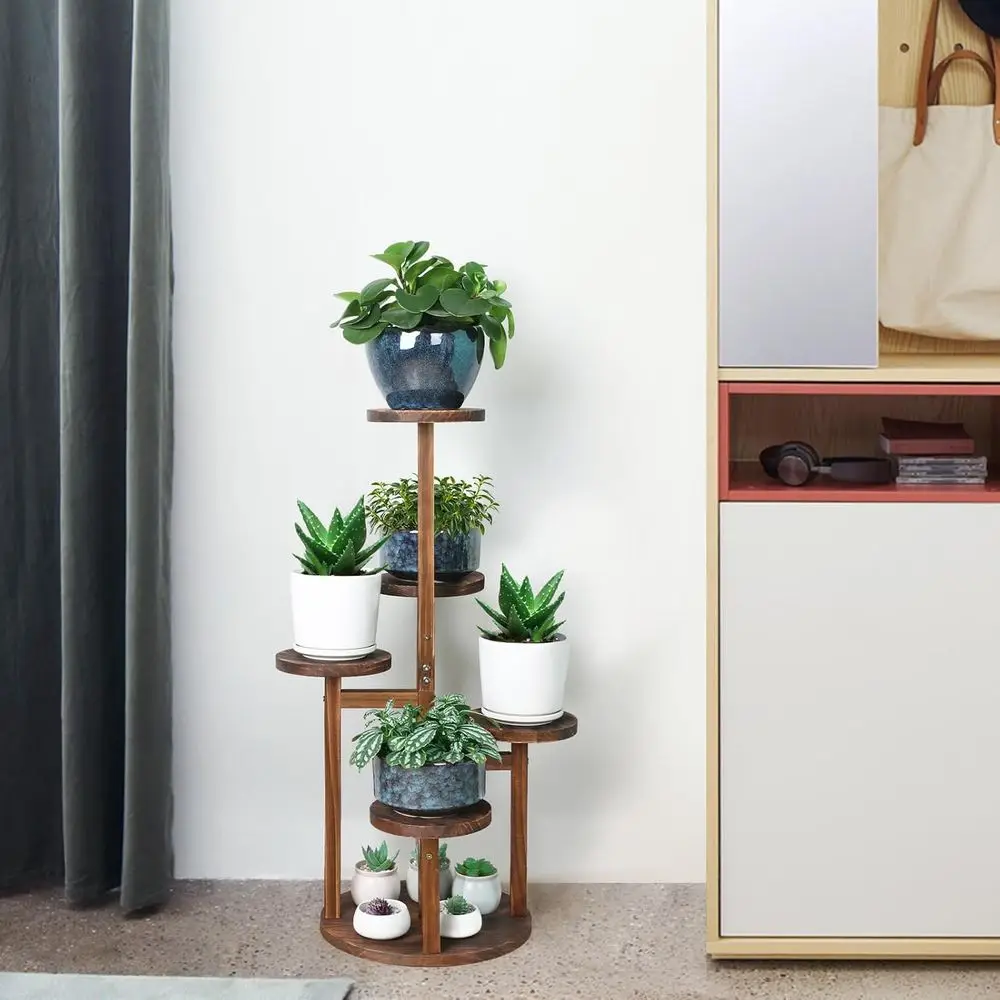 

5-ярусная деревянная подставка для растений для нескольких растений, подходит для гостиной, балкона и патио, цвет: карбонизированный коричневый