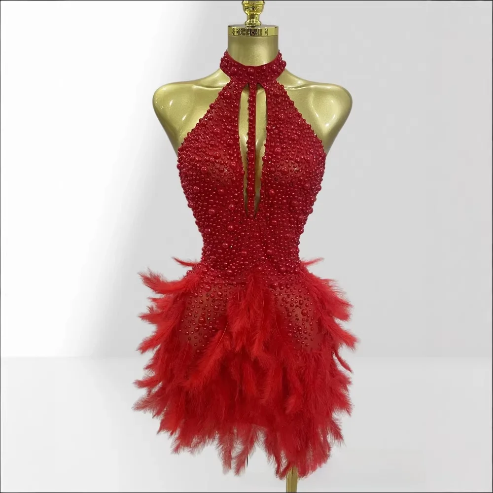 

Exotic Feather Skirt with Beads Low Chest Sleeveless Super Short Party Performance Costume Sexy Fashionable Women's Dress