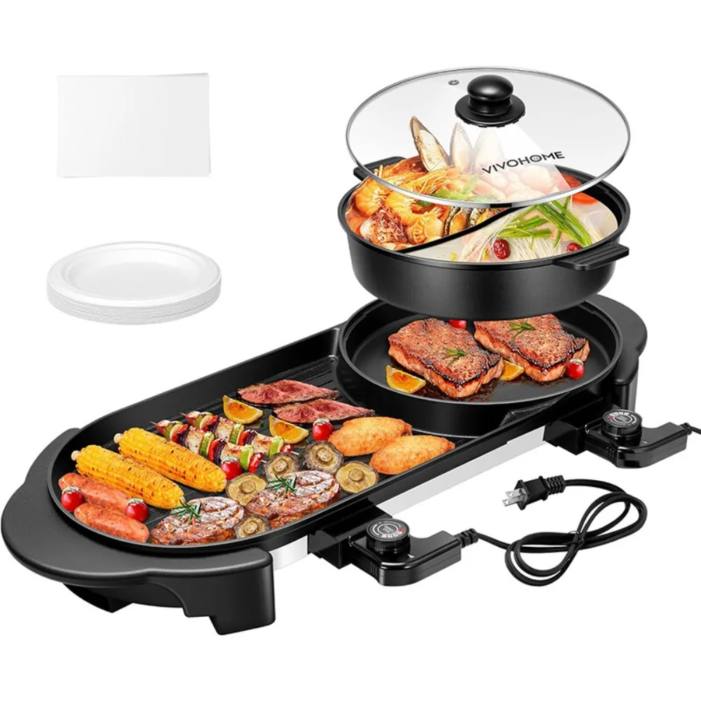 

2 in 1 Electric Non-Stick Grill Hot Pot BBQ Grill Soup Shabu Pot Barbecue 2200W