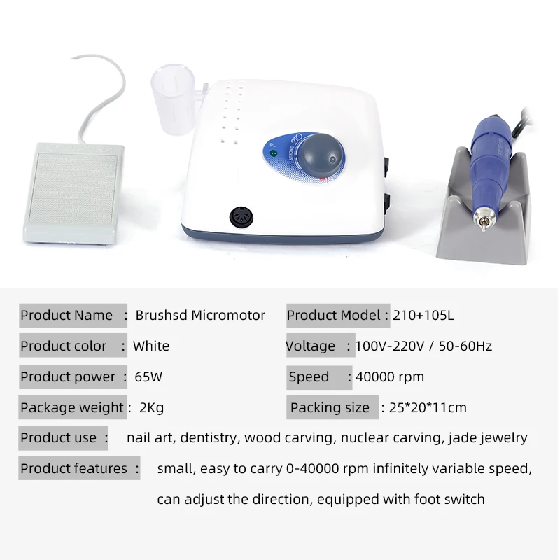 Sterke 210+105L 40000rpm handstuk professionele nagellak en sieraden polijsten. Met pedaal