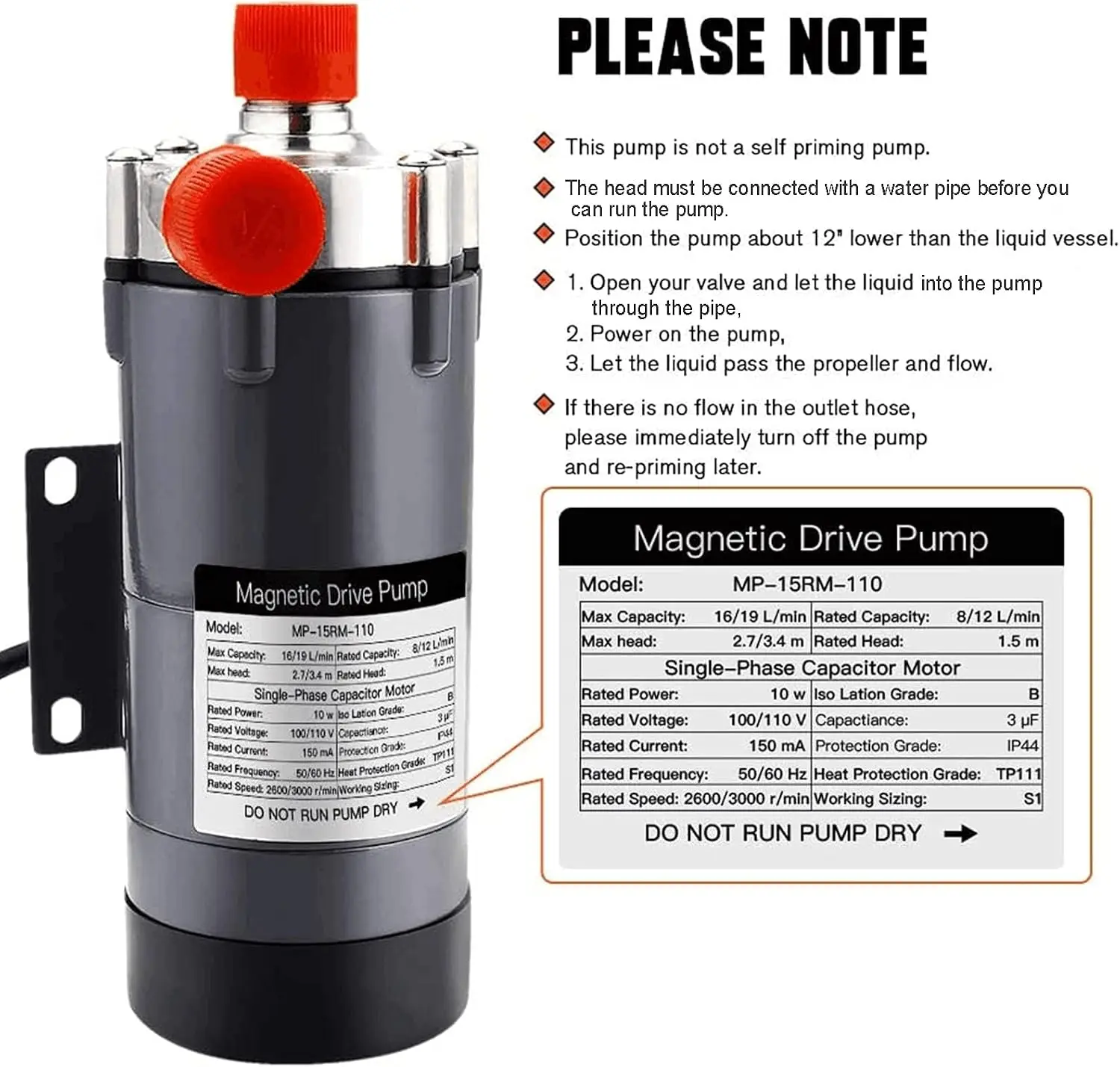Brewing Wort Pump, Stainless Head Magnetic Drive for Wort Transfer | High Temp Homebrew Beer Pump with 1/2