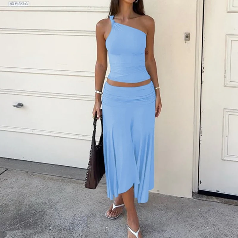 Solid Women Matching Two Piece Sets One Shoulder Sleeveless Ruched Top High Waist Mid‑Length Skirt Summer Holiday Skirt Outfit