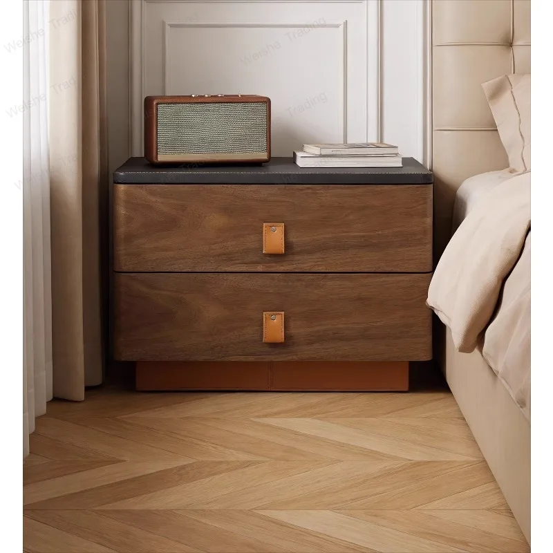 

Italian minimalist solid wood bedside table light luxury high-end bedroom saddle leather bedside cabinet