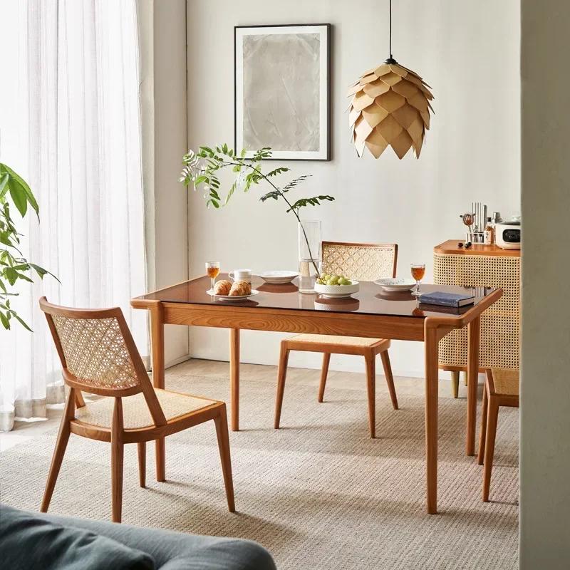 New Chinese rattan ash wood dining table simple household dining table glass tabletop dining table