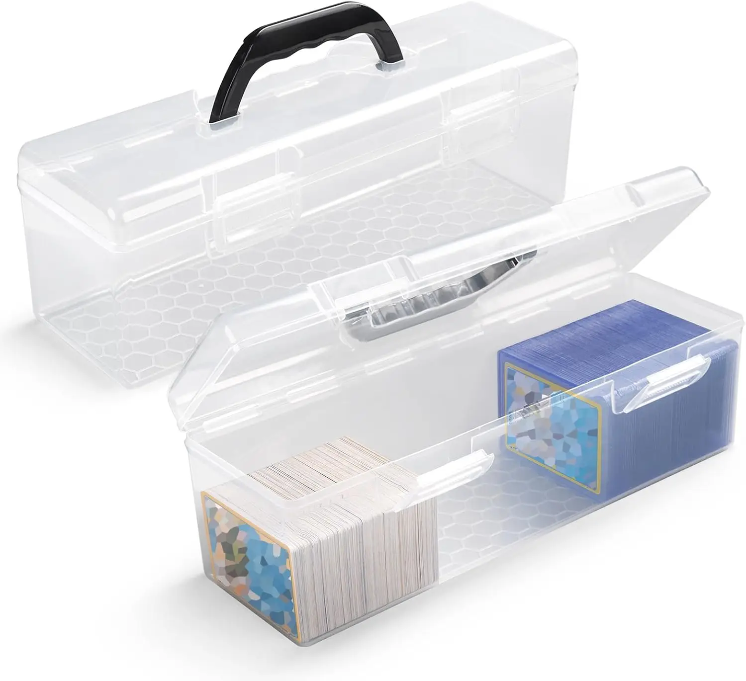 

Plastic Trading Card Storage Box for Toploaders, Holds 200 Toploaders or 750 Cards, Clear Case with Handle and Buckles