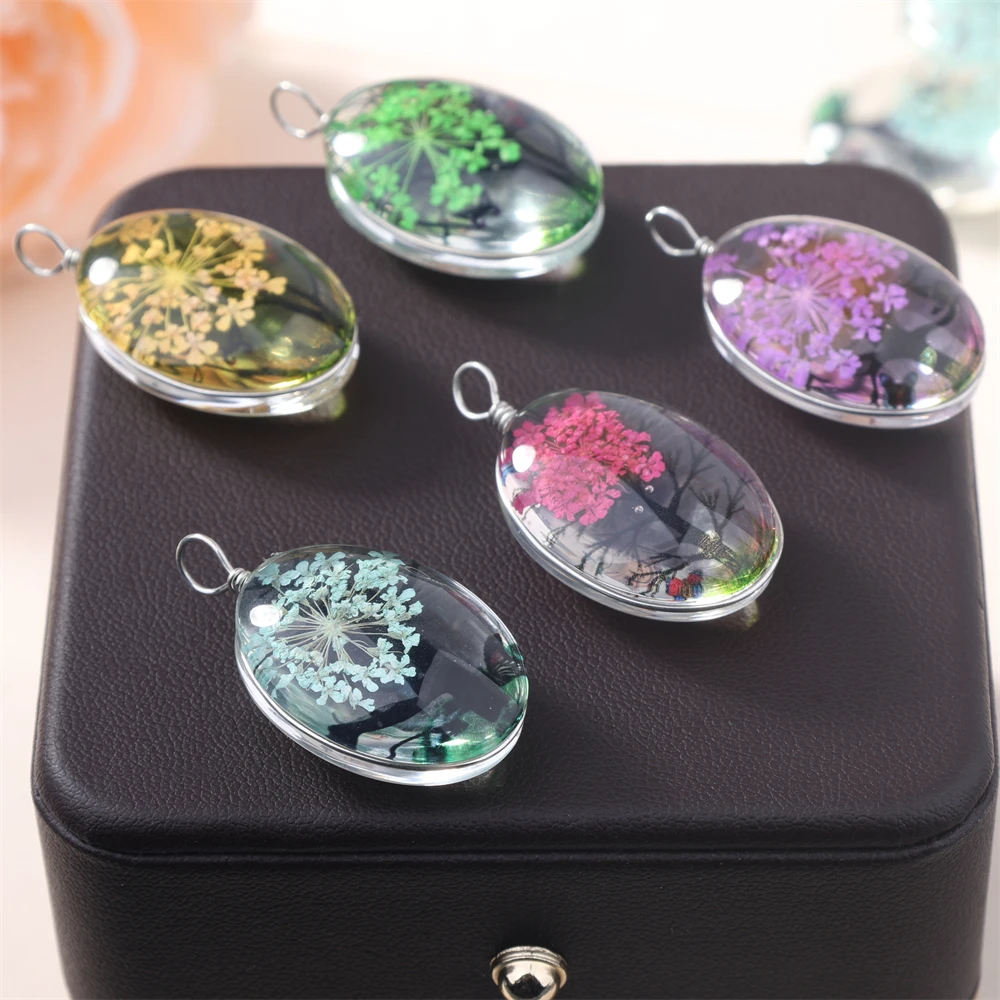 5Pcs Time Gemstone Starry Dried Flower Pendant Round Dried Flower Glass Pendant DIY Necklace Pendant Jewelry Accessories