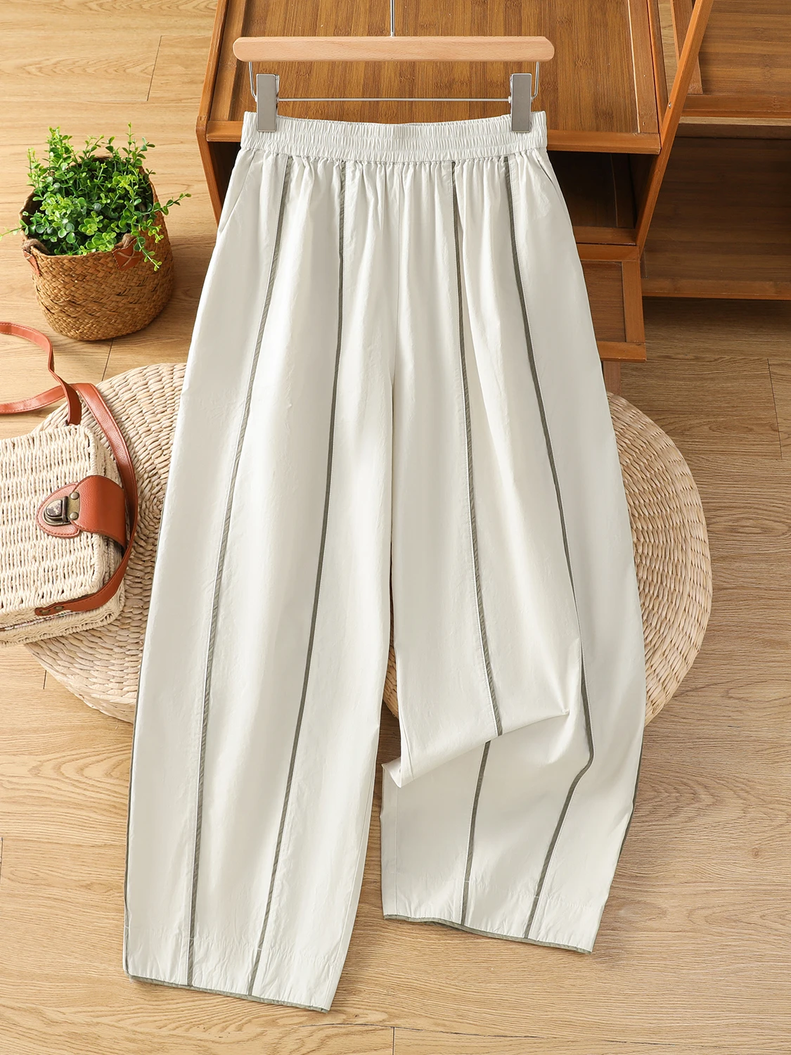 

Color Blo Slimming Harlan Pants Lightweight Elastic Waist Vertical Stripes Casual Loose Fit Nine Points Trousers for plus S...