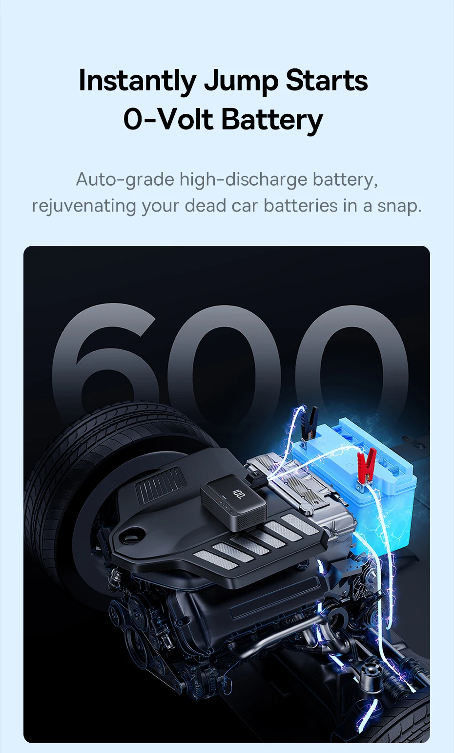 Baseus 4-in-1 Starthilfegerät 600A, Auto-Starthilfe, Powerbank, Multifunktions-Luftpumpe für Autobatterie, Reifenfüller – Detail 6