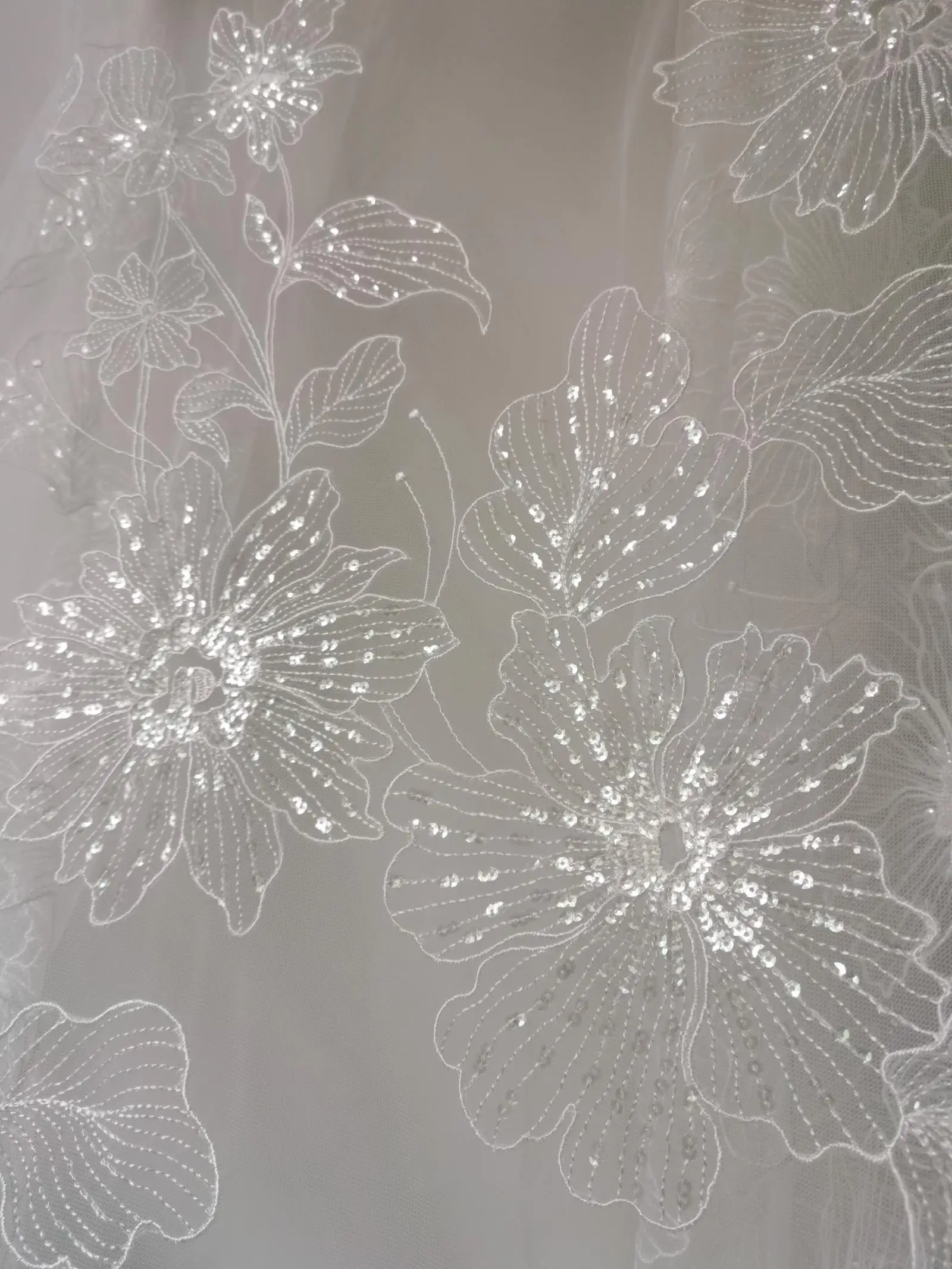 Soft Embroidery Flower 1Yard Tulle Mesh Fabric Clear Sequins Bride Wedding Gown Dress Veil Sewing Accessory