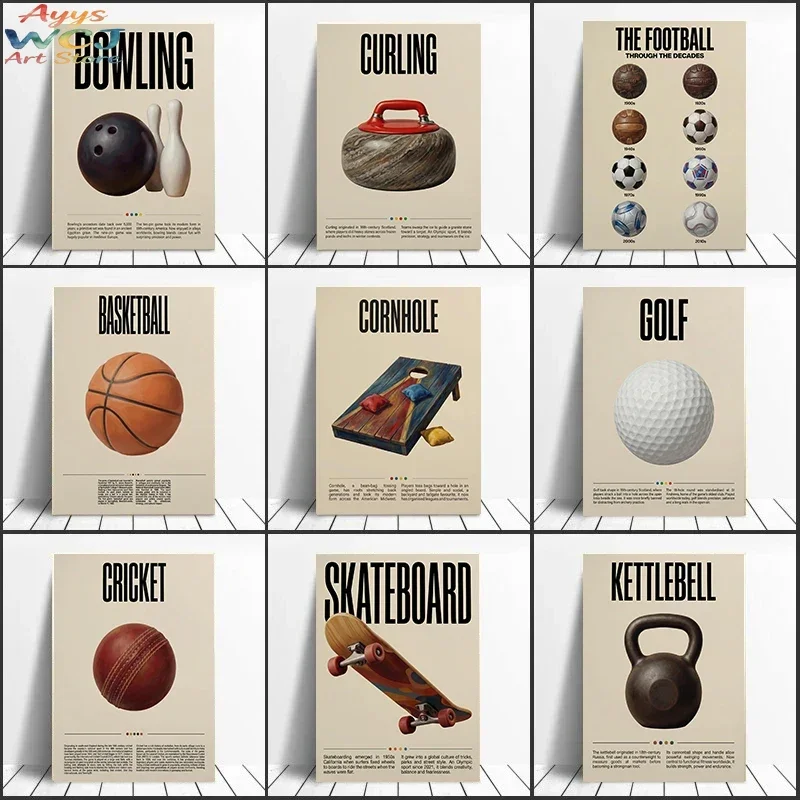 Vintage Retro Educational Sports Equipment Canvas Print Basketball Soccer Golf Badminton Bowling Teen Boy Room Office Wall Art