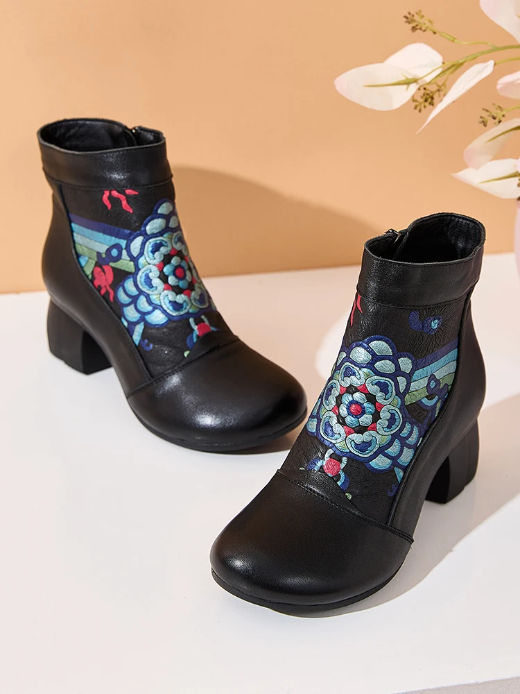 

Birkuir Retro Printing Flowers Thick Heel Ankle Boots For Women 5cm High Heel Boots Genuine Leather Side Zip Luxury Short Boots