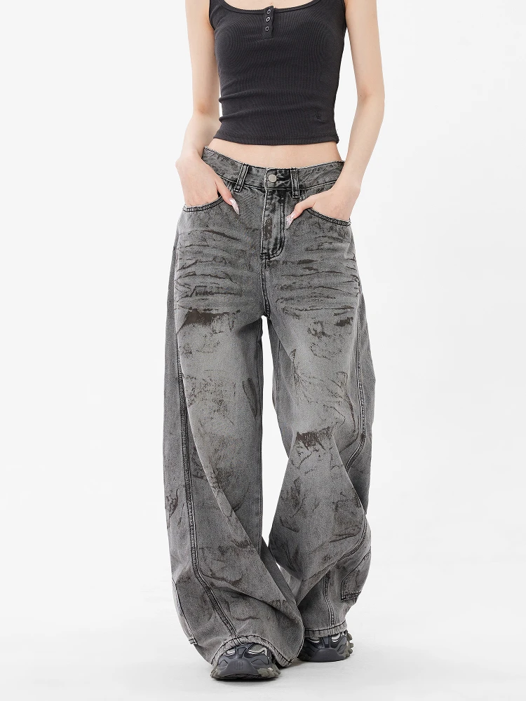 Jeans da donna grigi a vita alta pantaloni in denim larghi dritti vintage streetwear pantaloni in denim a gamba larga alla moda stile americano
