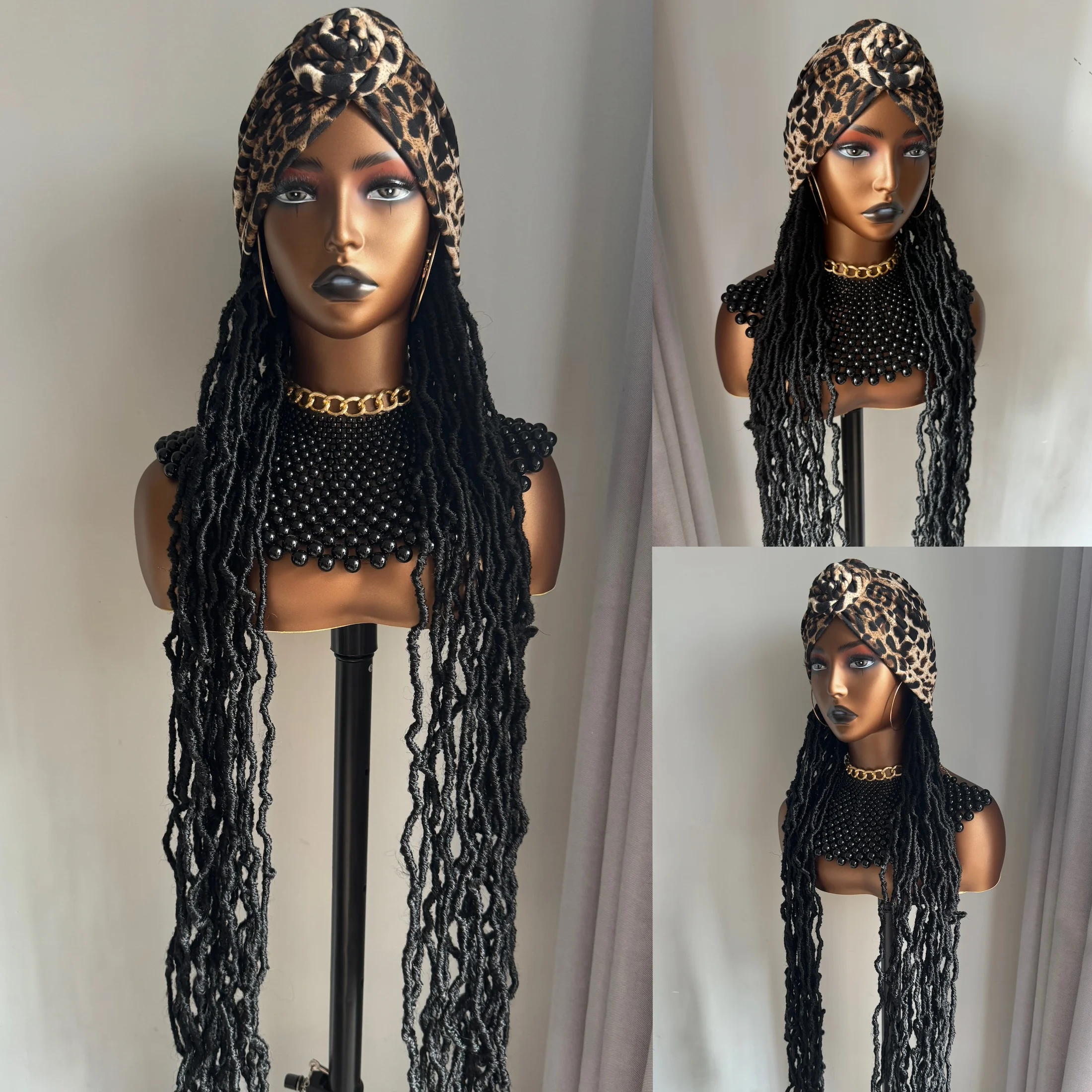 WIGERA 36Inch Extra Long Synthetic Black Braided Soft Nu Faux Locs Braids With Headband Turban Hat Hair Extensions Wig For Women