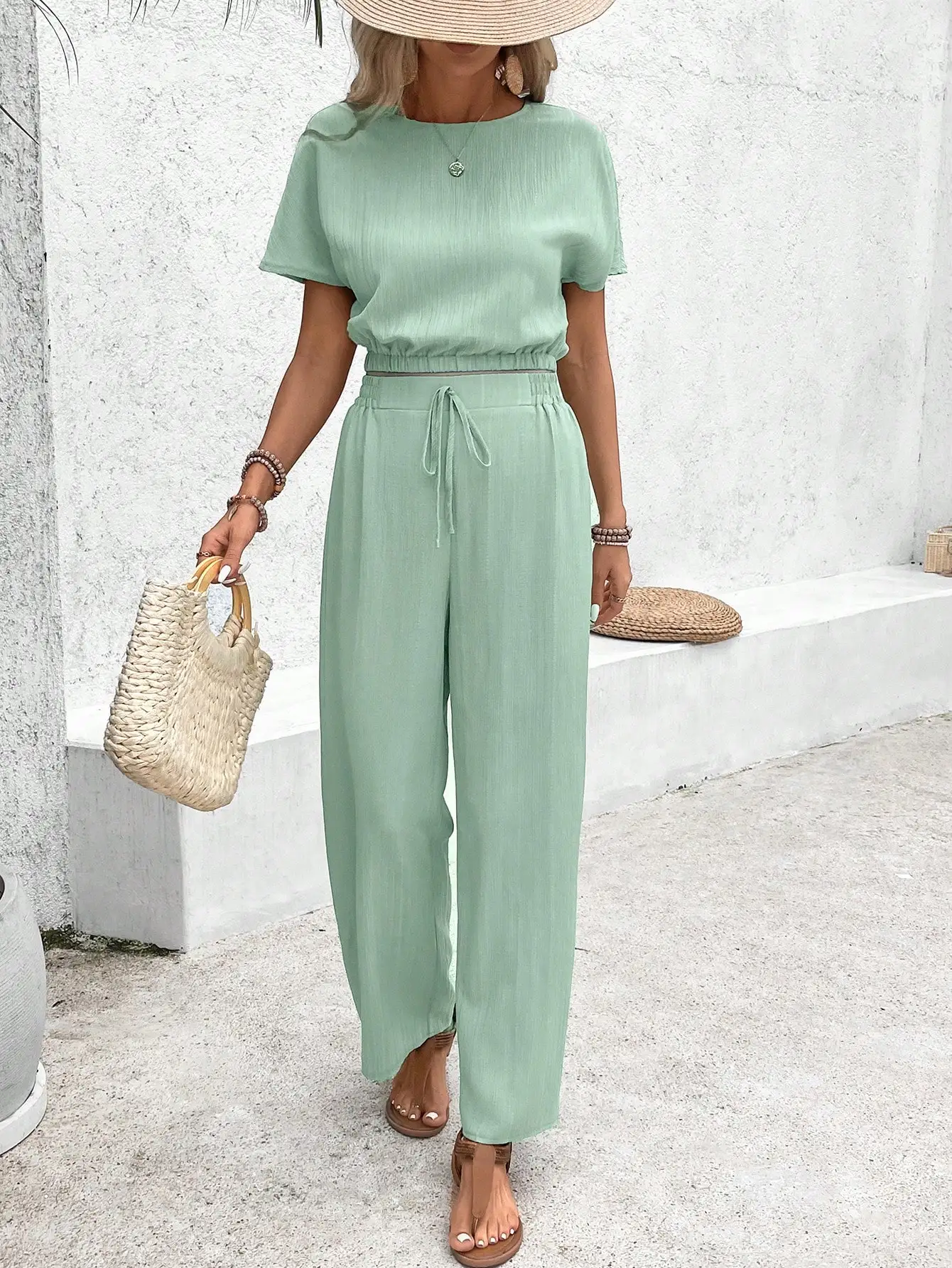 Women's Loose Fit Solid Green Two-Piece Set with Drawstring Waist