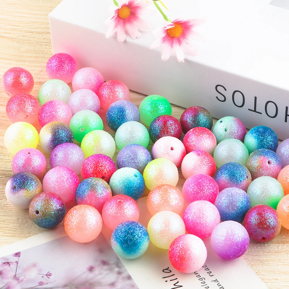 10-20pcs/lot Glitter Colorful Acrylic Round Beads Gradient Shiny Loose Beads DIY for Handmade Jewelry Making Accessories
