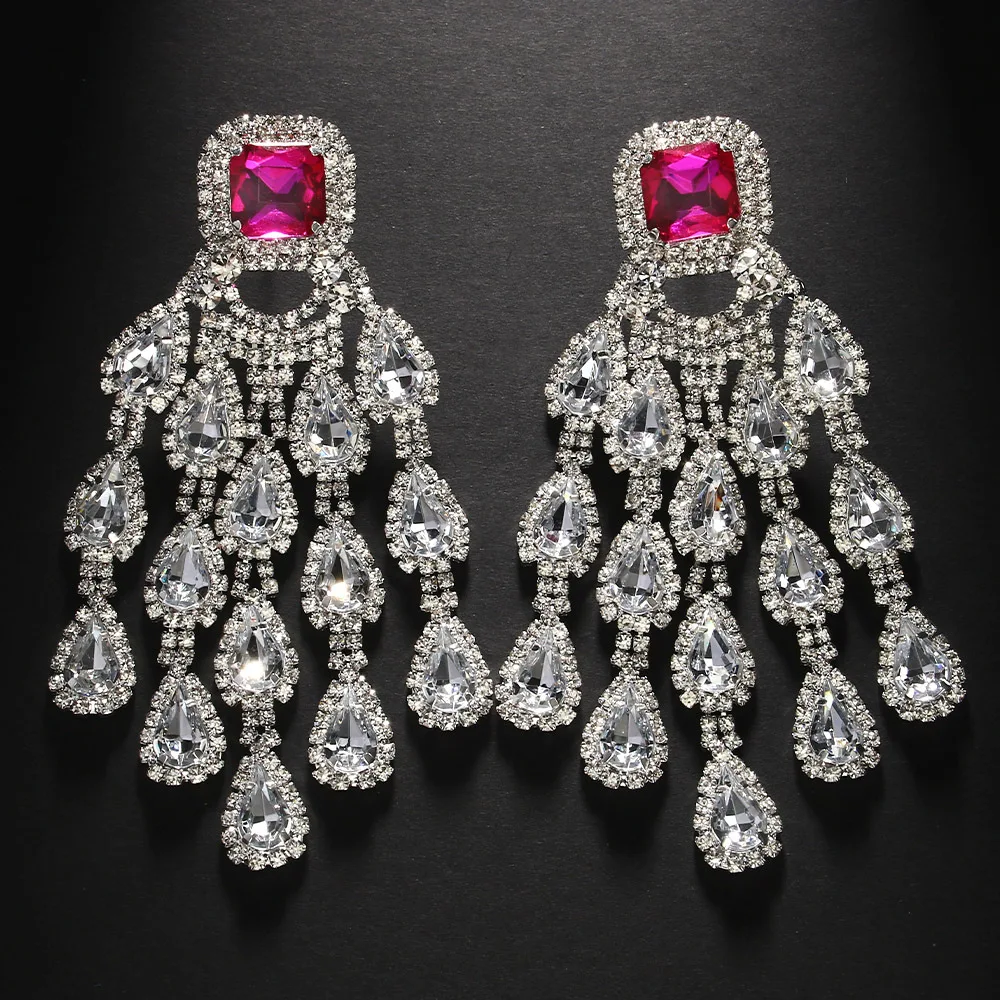 Exaggerated water drop pendant earrings high-end sense rhinestone fringed earrings catwalk accessories women's earrings