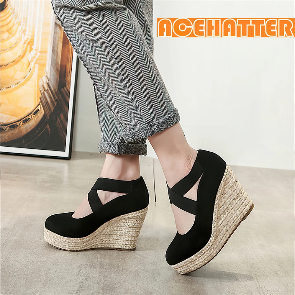 Autumn Hemp Fisherman Shoes Women Round Toe Elastic Band Thick Platform Women's 10cm High Heels Fashion Jute Wedge Espadrilles