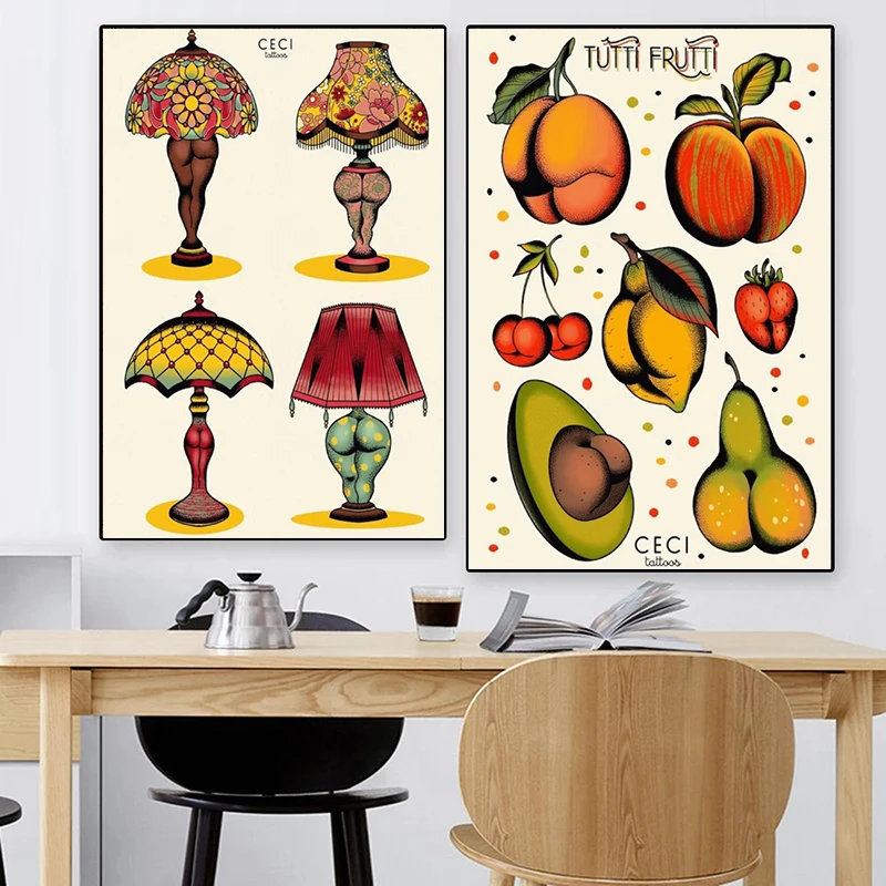 Abstract Sexy Peach Lamp Mushroom Plant Funny Butts Posters Cute Kitchen Wall Art Posters and Prints White Kraft Paper for Home