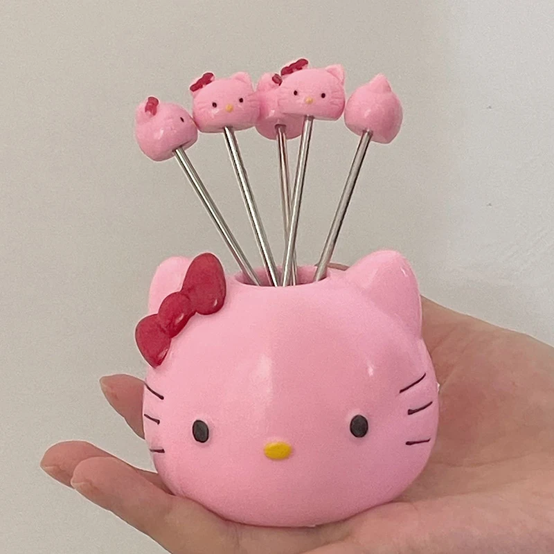 Sanrio Hello kittys ส้อมผลไม้สุดสร้างสรรค์, อะนิเมะน่ารัก KT สแตนเลสบ้านเค้กครัวเบนโตะผลไม้ของขวัญบนโต๊ะอาหาร