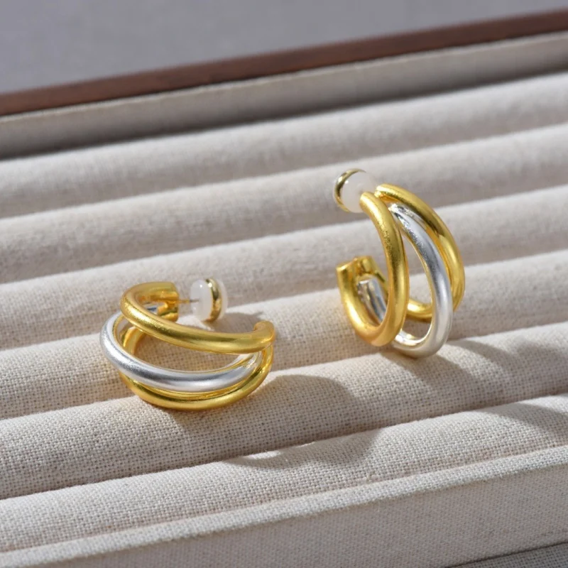 Minimalist retro style Metal Color Blocked Three Ring S925 Silver Needle Earrings for Women Niche Fashion Exquisite Accessories