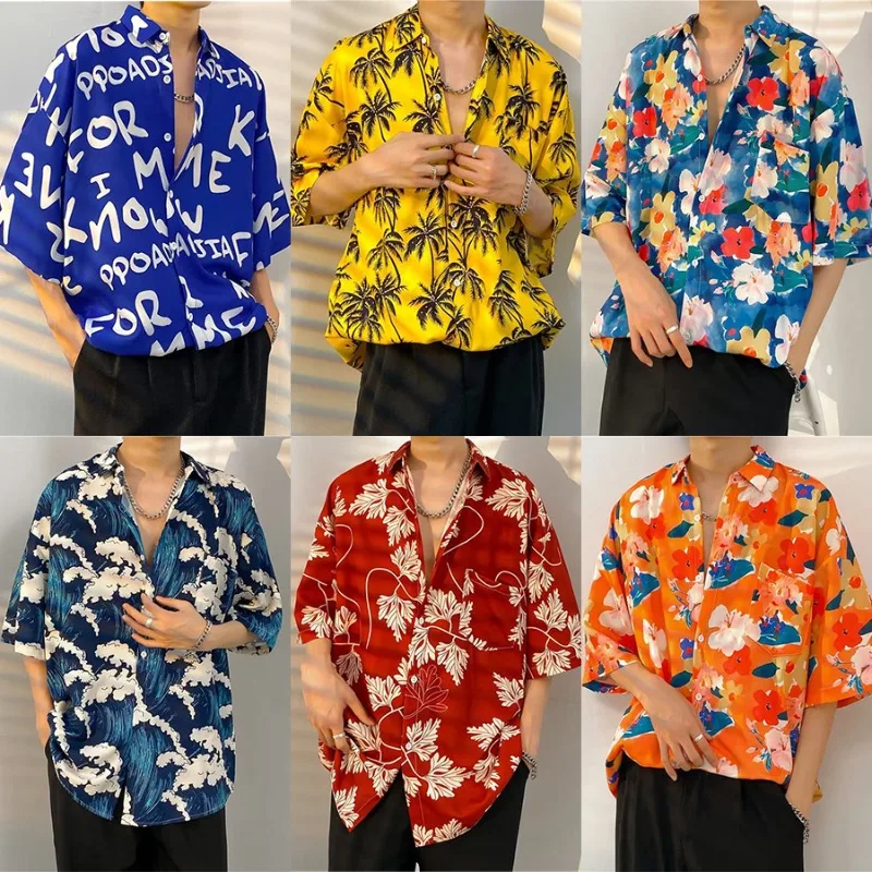 Men's shirt summer new fashionable casual outdoor retro floral shirt short sleeved loose shirt for men and women
