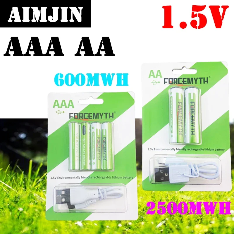 

Rechargeable 1.5V AAA 600mWh AA 2500mWh Lithium Batteries 4 PCS+1 Type-C Line Per Set For Remote Control Mouse Toy