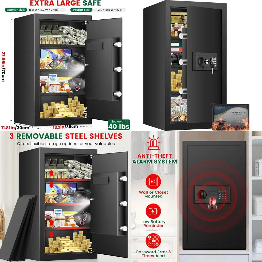 

Сейф объемом 7,0 кубических футов с водонепроницаемой сумкой, цифровой клавиатурой, запасным ключом, 3 регулируемыми полками и системой сигнализации для домашних ценностей