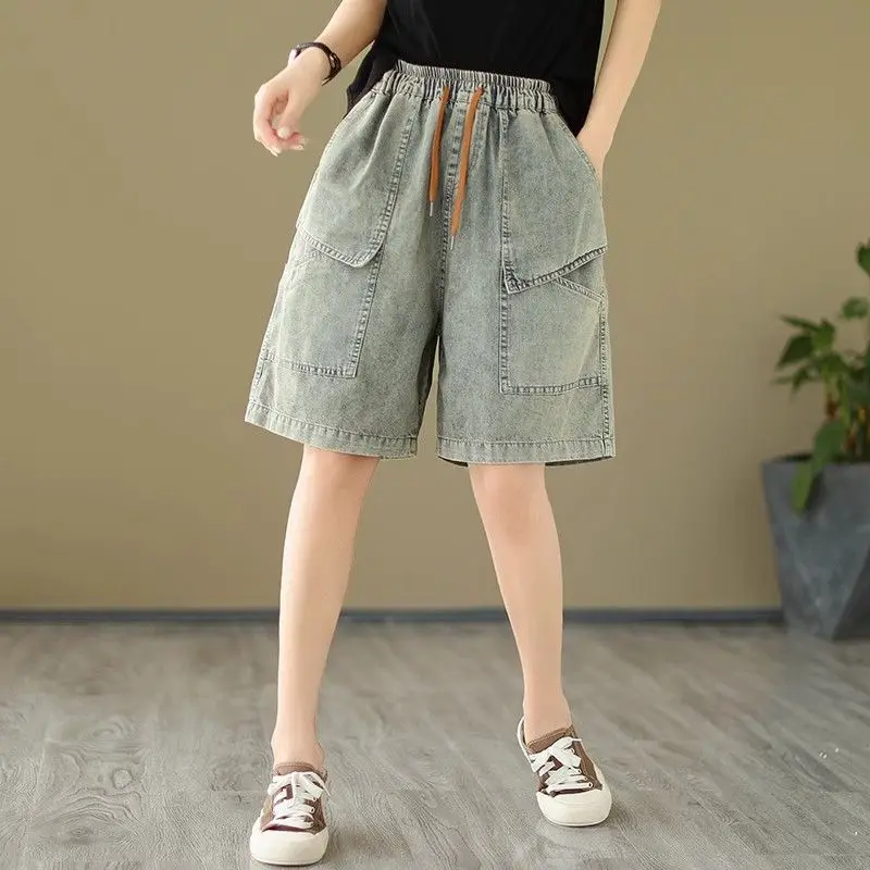 Estate delle Donne Sottile Elastico Denim Orts Coreano Allentato Dimagrante di Grandi Dimensioni Pantaloni a Cinque Parti a Vita Alta Metà Stretch Origine Cinese