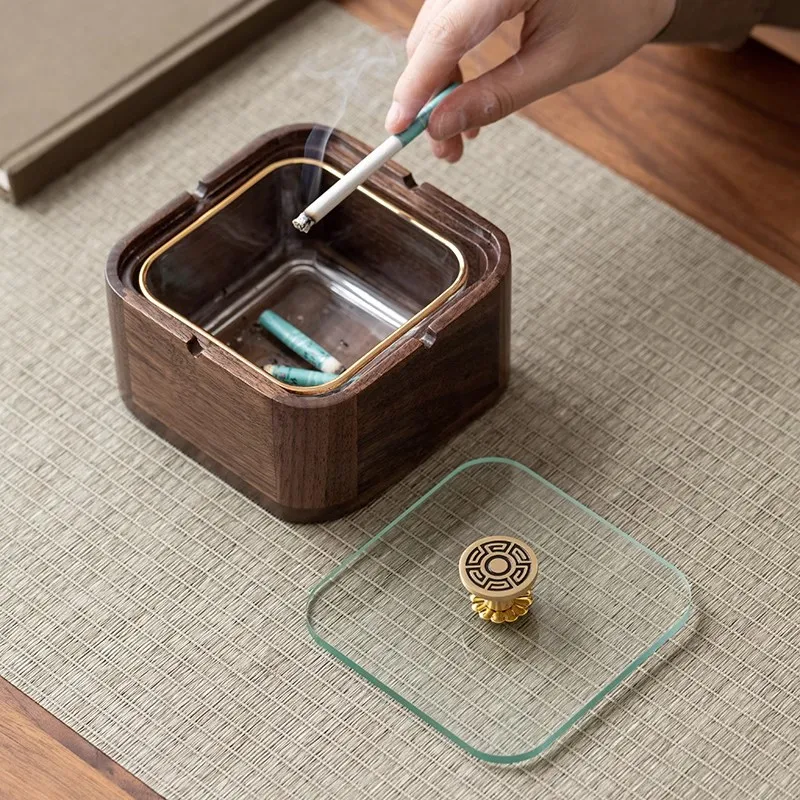 

Black walnut ashtray with lid, multifunctional living room and office desktop storage box, anti-fly ash ashtray