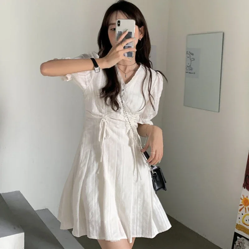 Dresses Women Pure Puff Sleeve Japanese Style Schoolgirls Sundress V-Neck Streetwear Casual Stylish Mini A-Line All-match Summer