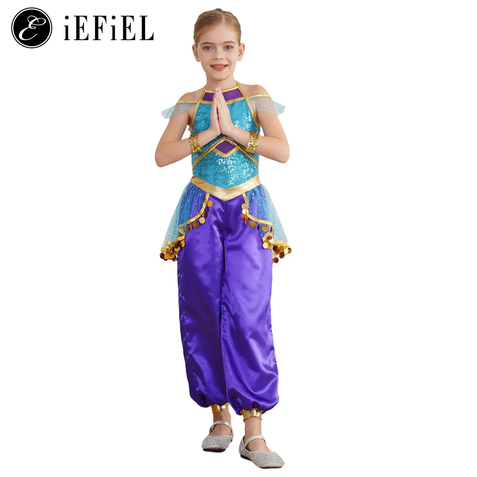 

kids Girls Arabian Princess Sequins One Piece Dance Jumpsuits with Wristband Indian Belly Dance Stage Performance Suits