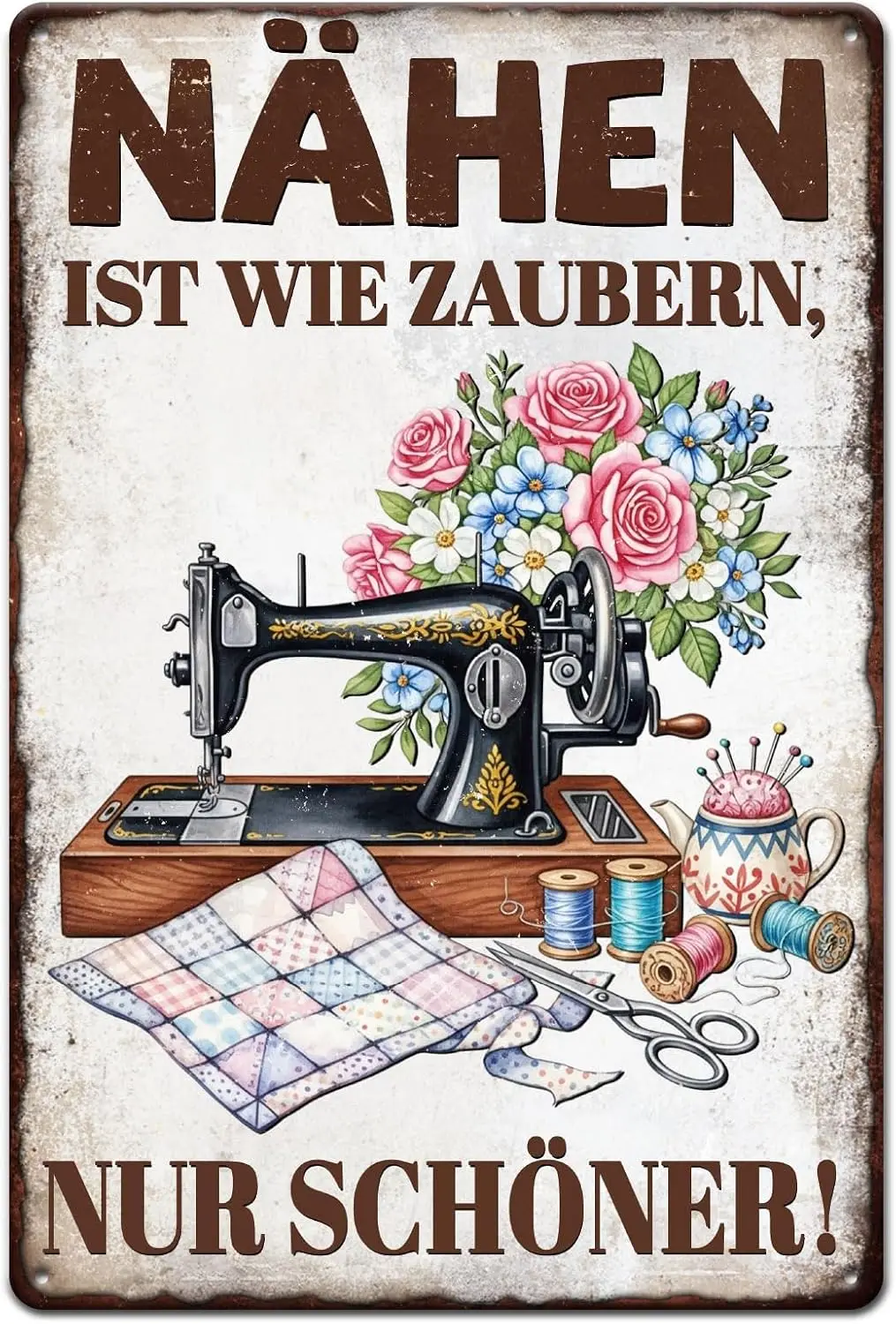 GLOBLELAND Vintage Sewing Machine Metal Tin Sign  German Nähen Tin Signage Decor Signs Retro Needle Thread Wall Metal Plaque for