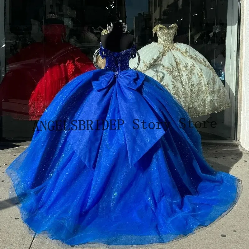 Роскошные ярко-синие платья ANGELSBRIDEP для Quinceanera с открытыми плечами и аппликацией из бисера для принцессы, милое бальное платье 16 дюймов, женское платье