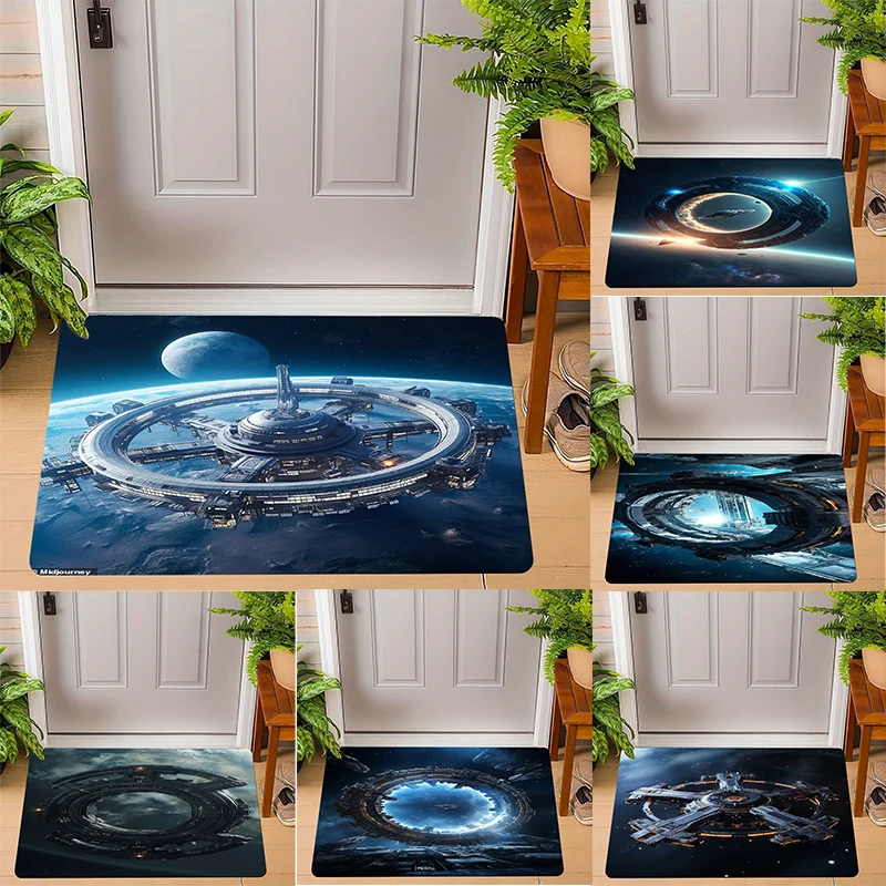 Sci-Fi Space Station Pattern Door Mat Interstellar Spaceship with Cosmic Background Multi - Scene Application Non Slip Mat