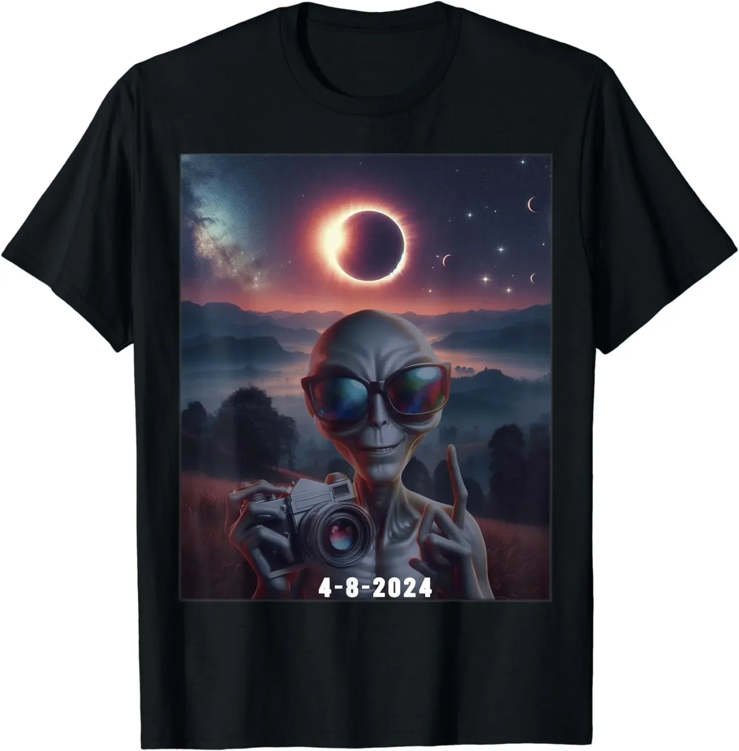 

Alien With Solar 2024 Eclipse Alien Wearing Glasses Unisex T-Shirt For Men Women Summer Tees Cotton Luxury Brand Vintage